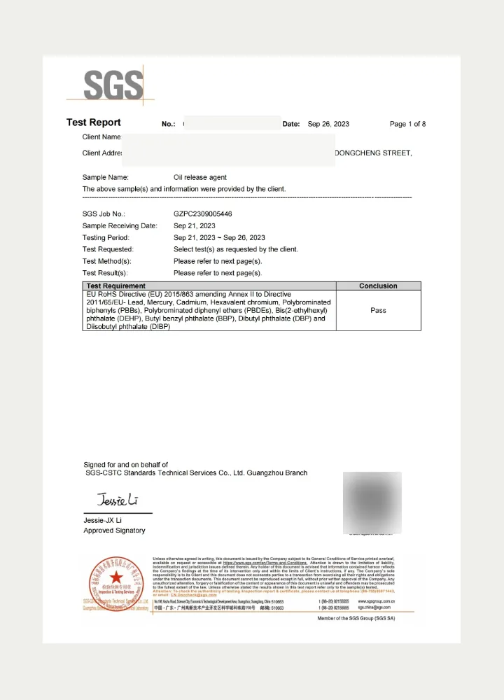 SGS RoHS Test Report – Oil-Based Release Agent