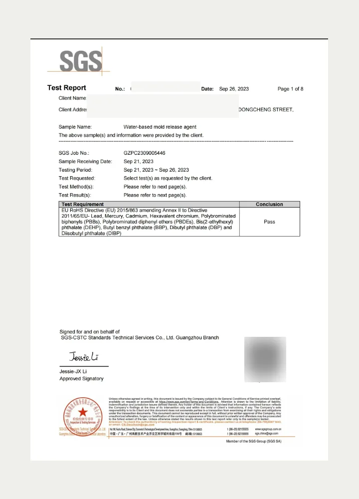 SGS RoHS Test Report – Water-Based Mold Release Agent
