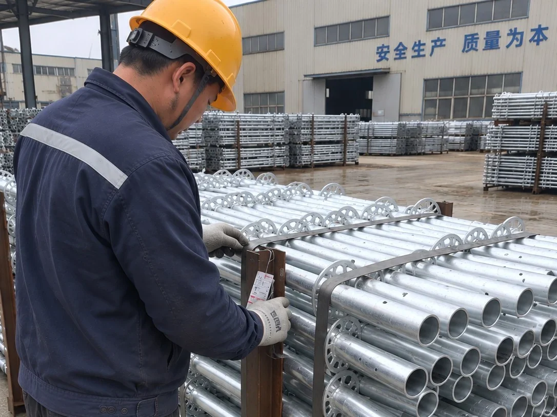 Worker checking the steel straps and bundle condition of a Ringlock scaffolding order