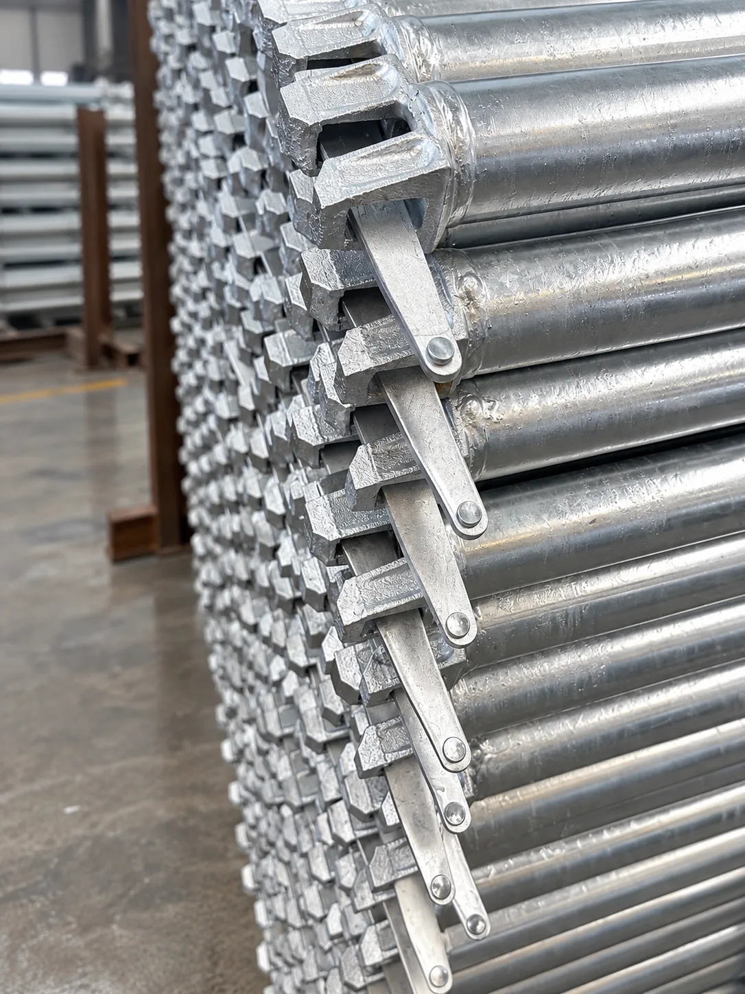 Close-up of galvanized Ringlock connection parts