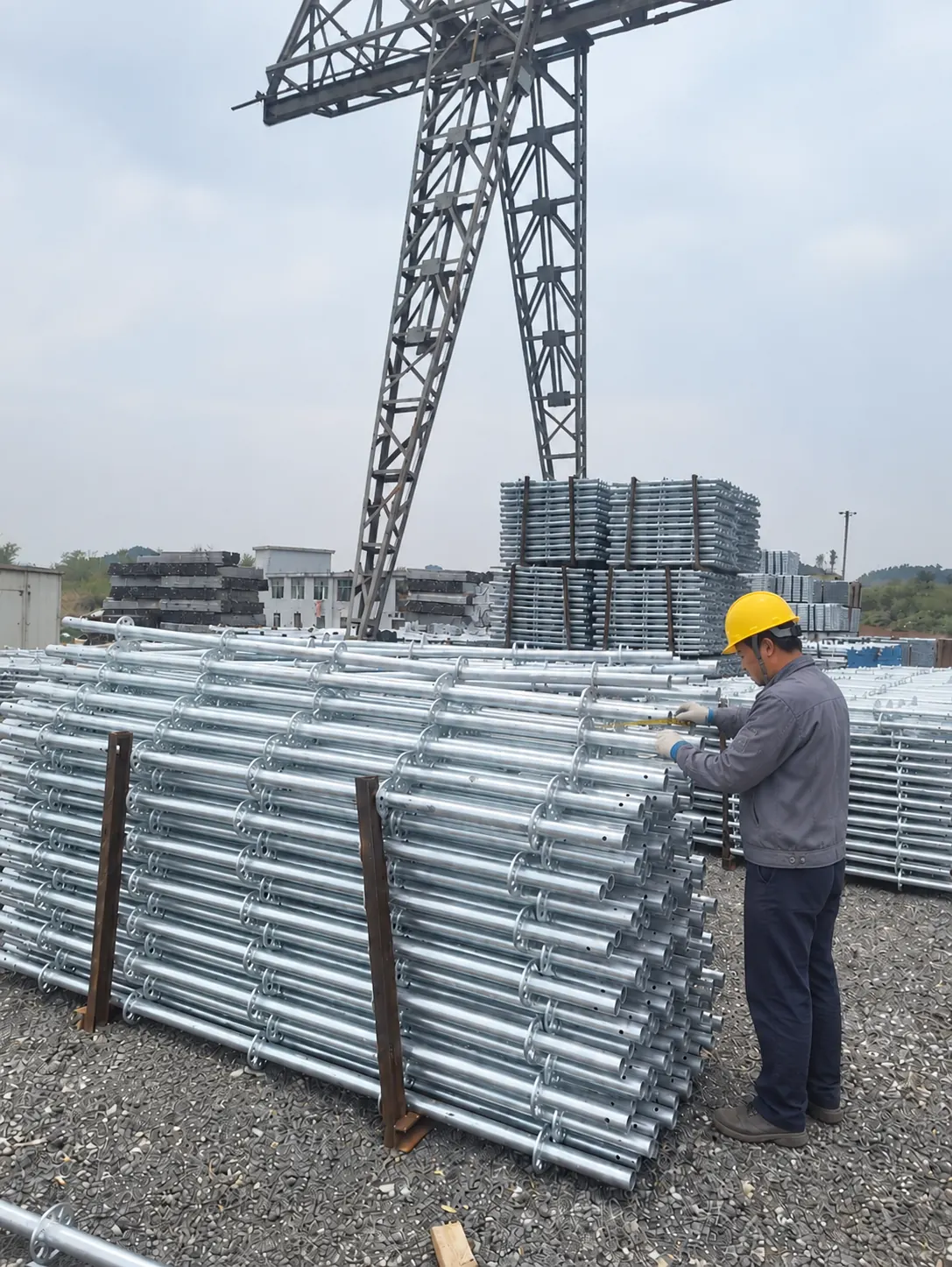 Ringlock scaffolding components being checked against order dimensions in a storage yard