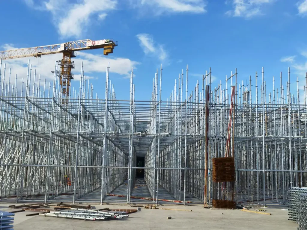 Ringlock scaffolding shoring system during erection on a construction site